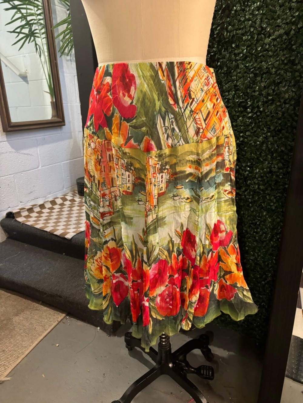 Elliott Lauren Floral Watercolor A-Line Midi Skirt in Green and Red